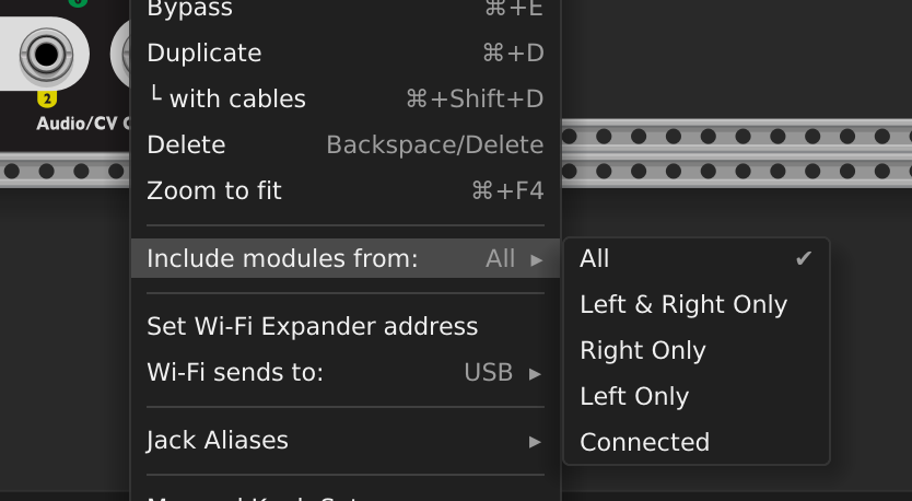 Hub right-click menu showing Include Modules from submenu